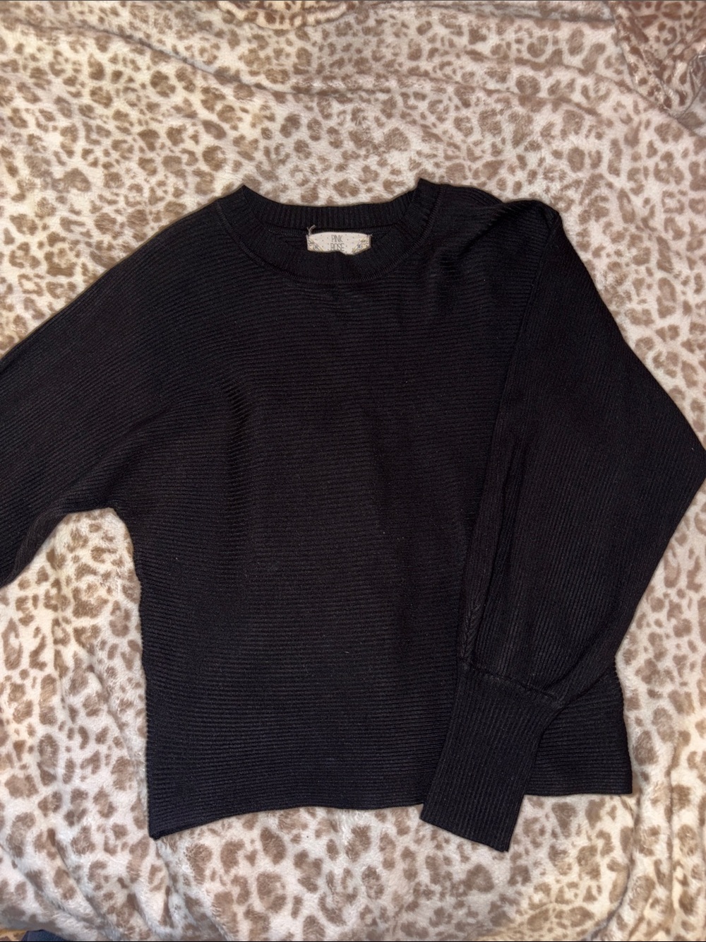 Pink Rose Black Crewneck Sweater - Textured Rib Knit